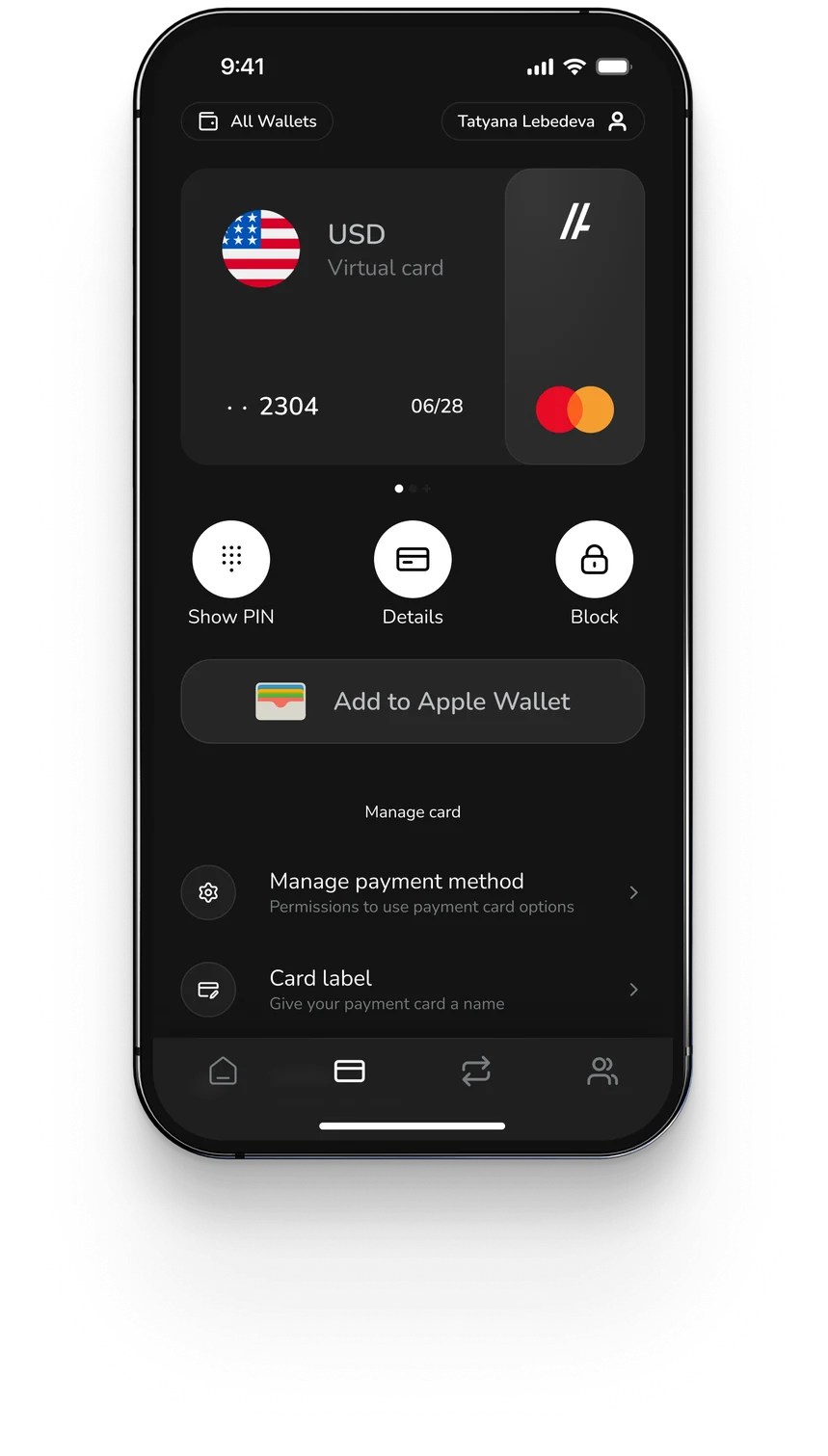 ABF Pay app showing a virtual USD card